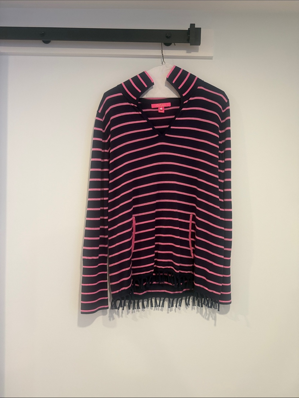 Lilly Pulitzer Black & Pink Striped V-Neck Fringe Sweater